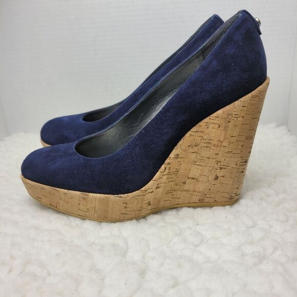 Stuart Weitzman Women's Cork Wedge Shoes Size 8.5 Navy Blue Suede Shoes - Picture 3 of 9